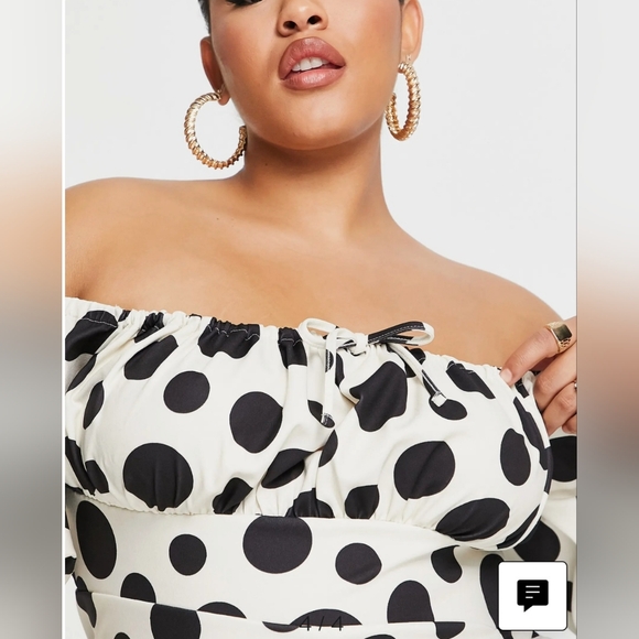 ASOS Curve Polka Dot Beige And Black Ruched Off-the-Shoulder Dress Sz 16 - Picture 2 of 10